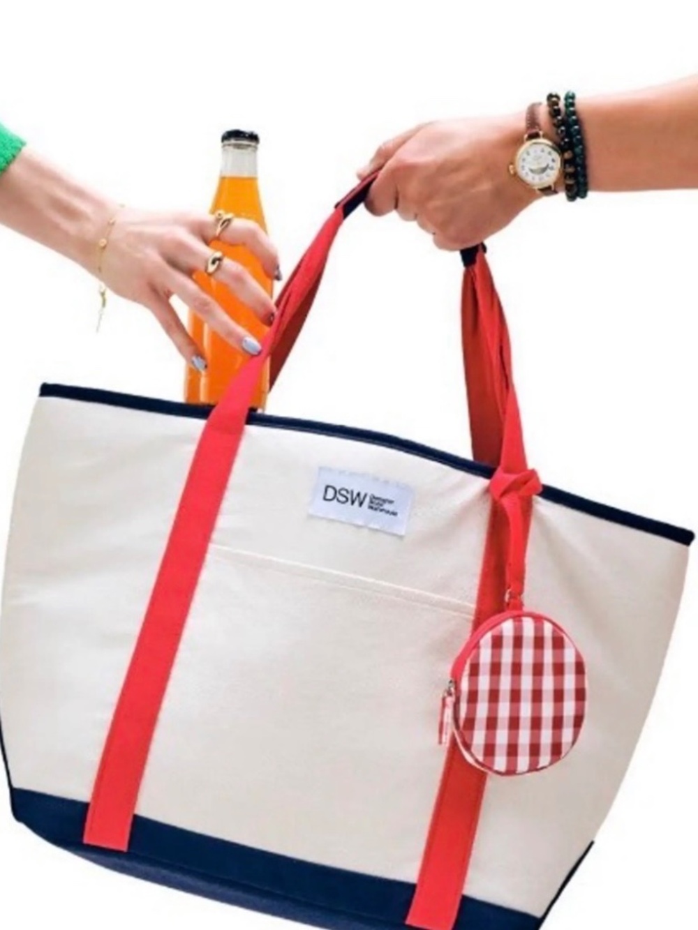 DSW Cream Canvas Tote with Red Straps and Navy Trim Insulated